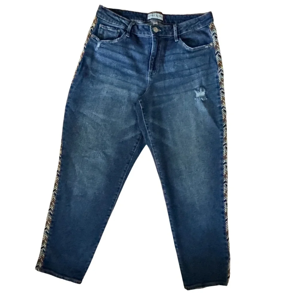 Knox Rose Blue Jeans‎ Embroidered Multi Color Details Side Distressed Skinny 12